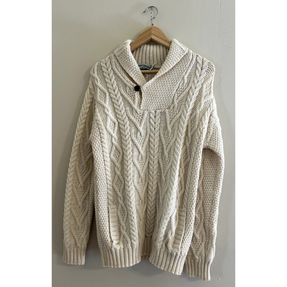 Cream Aran Crafts Irish Wool Shawl Collar Cable Knit Chunky Sweater Men's Small